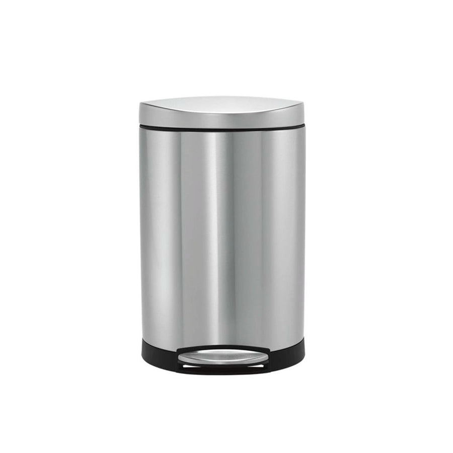 simplehuman Semi Round Bin, 10L-Stainless steel trash can on a white background