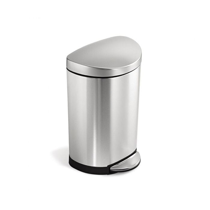 simplehuman Semi Round Bin, 10L-Stainless steel trash can on a white background
