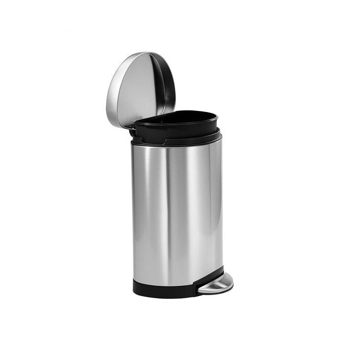 simplehuman Semi Round Bin, 10L-Stainless steel trash can with a step pedal on a white background