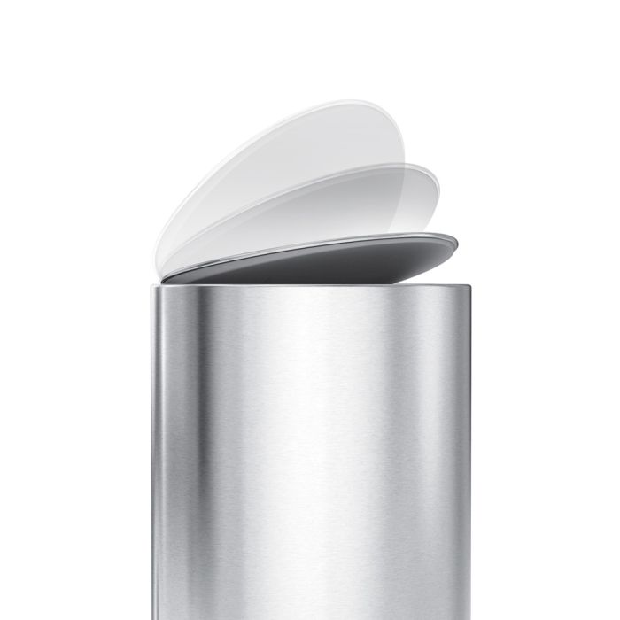 Silver trash can with a white lid on a white background
