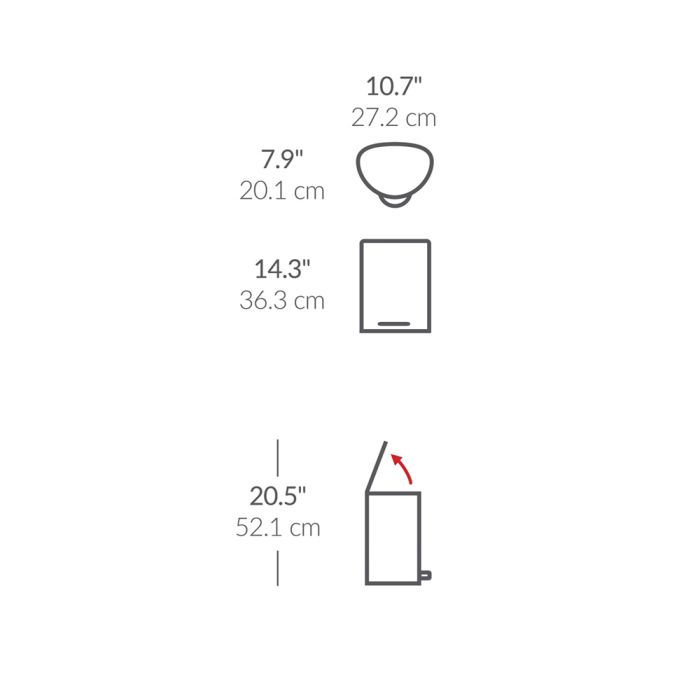 Measurement chart with various dimensions labeled in both inches and centimeters on a white background.