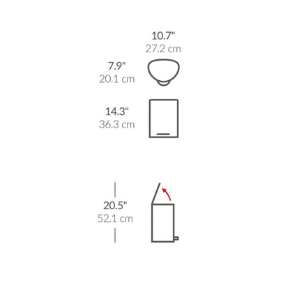 Measurement chart with various dimensions labeled in both inches and centimeters on a white background.