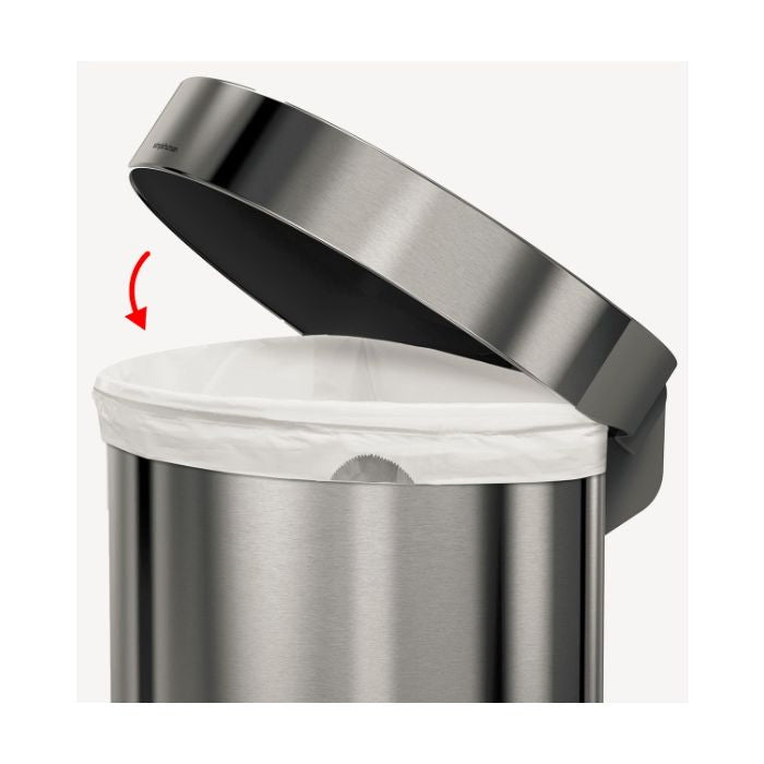 simplehuman Semi Round Step Bin, 45L-Silver trash can with open lid on a white background