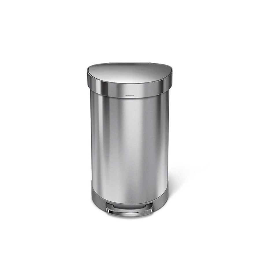 simplehuman Semi Round Step Bin, 45L-Stainless steel trash can on a white background