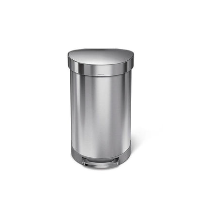 simplehuman Semi Round Step Bin, 45L-Stainless steel trash can on a white background