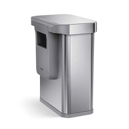 simplehuman Voice and Motion Sensor Bin, Rectangular-Silver trash can on a white background