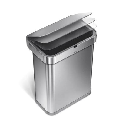 simplehuman Voice and Motion Sensor Bin, Rectangular-Silver trash can with a lid on a white background