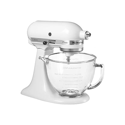White KitchenAid stand mixer with clear glass bowl on a white background