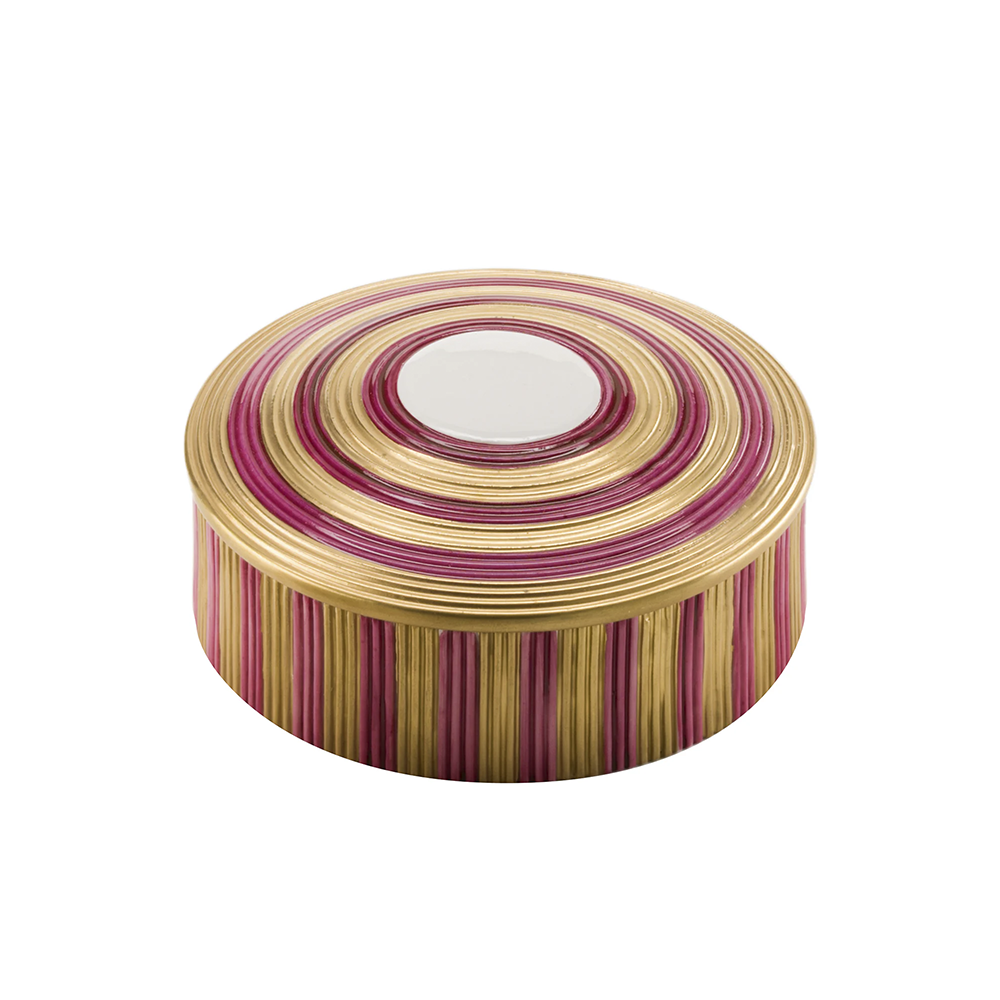 A round decorative box with purple and gold stripes and a 24 carat gold edge, hand-painted.