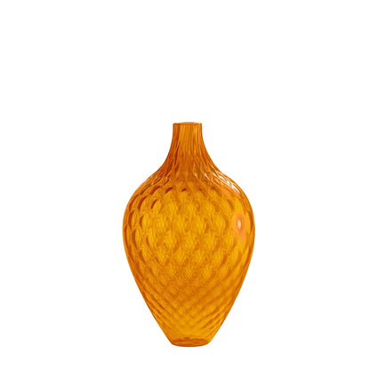 A tangerine orange Murano glass decorative vase with a bulbous silhouette and narrow neck, featuring a geometric pattern.