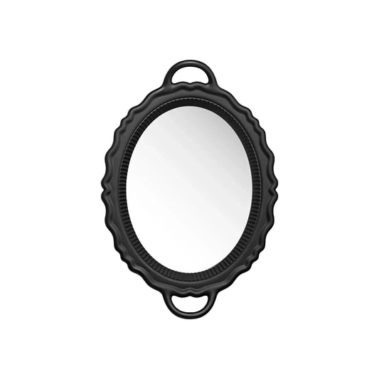 dresser-with-mirror-uae-beauty-lounge-dressing-table-mirror-dubai-luxury-vanitywall-mirror-for-dubai-bedrooms-A black oval wall mirror with a textured frame designed by Studio Job for Qeeboo.