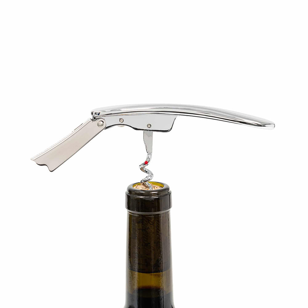 wine opener-Corkscrew being used to open a wine bottle on a white background