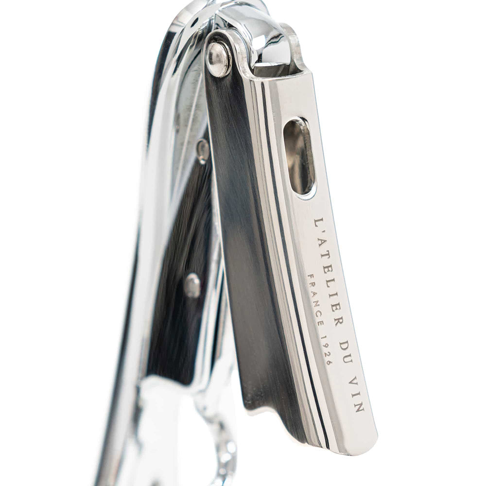 wine opener-Metallic wine bottle opener with 'L'Atelier du Vin' branding on a white background