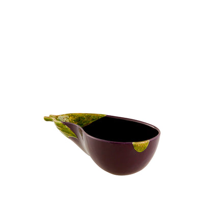 xBordallo Pinheiro Aubergine Salad Bowl-Black ceramic leaf-shaped bowl on a white background