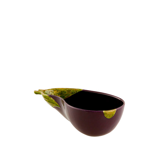 xBordallo Pinheiro Aubergine Salad Bowl-Black ceramic leaf-shaped bowl on a white background