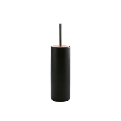 Black cylindrical toilet brush holder with a silver handle on a white background