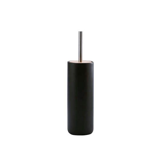 Black cylindrical toilet brush holder with a silver handle on a white background