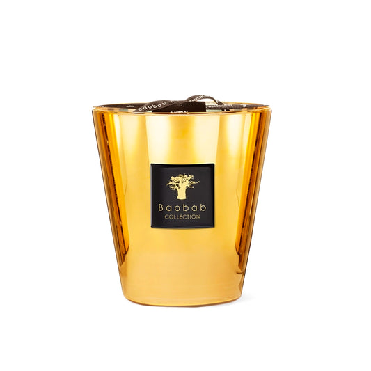 Gold candle with Baobab Collection logo on a white background