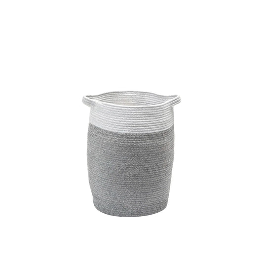 Gray woven basket with a white handle on a white background